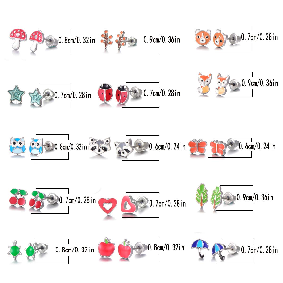 30 Pairs Stainless Steel Mixed Color Cute Animals Fox Heart Star Ladybug Bee Frog Mushroom Tree Daisy Umbrella Rose Gold White Pearl Stud Earrings Set (animal tree pearl)