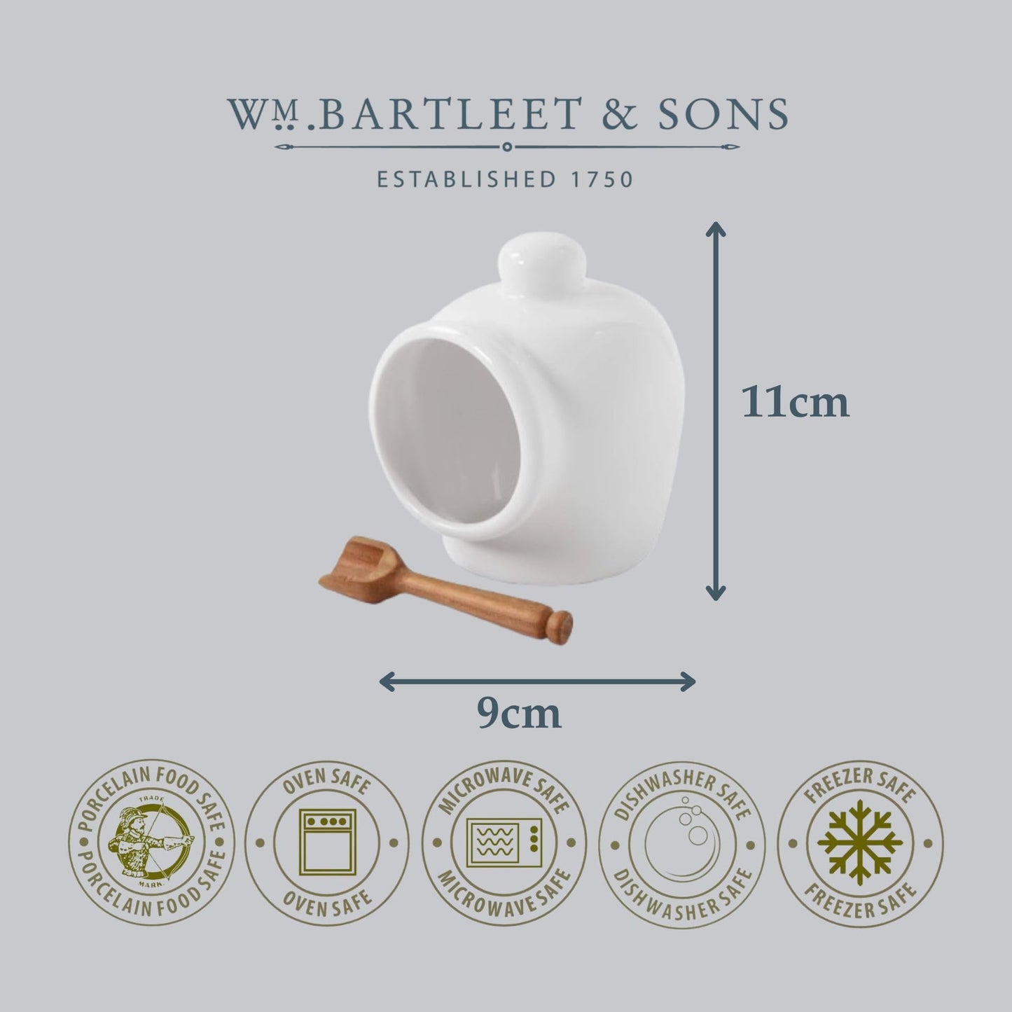 WM Bartleet & Sons 1750 T52W Traditional Porcelain Small Pig with Wooden Salt Serving Spoon-White, 9cm