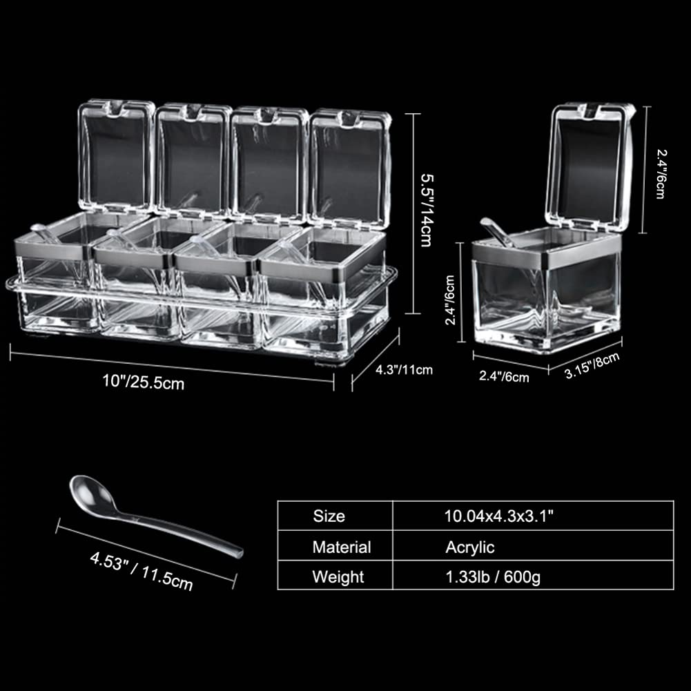 LOYUYU Seasoning Box, Seasoning Rack Spice Pots, Storage Container Condiment Jars, 4 Piece Clear Acrylic Cruet with Cover and Spoon Transparent