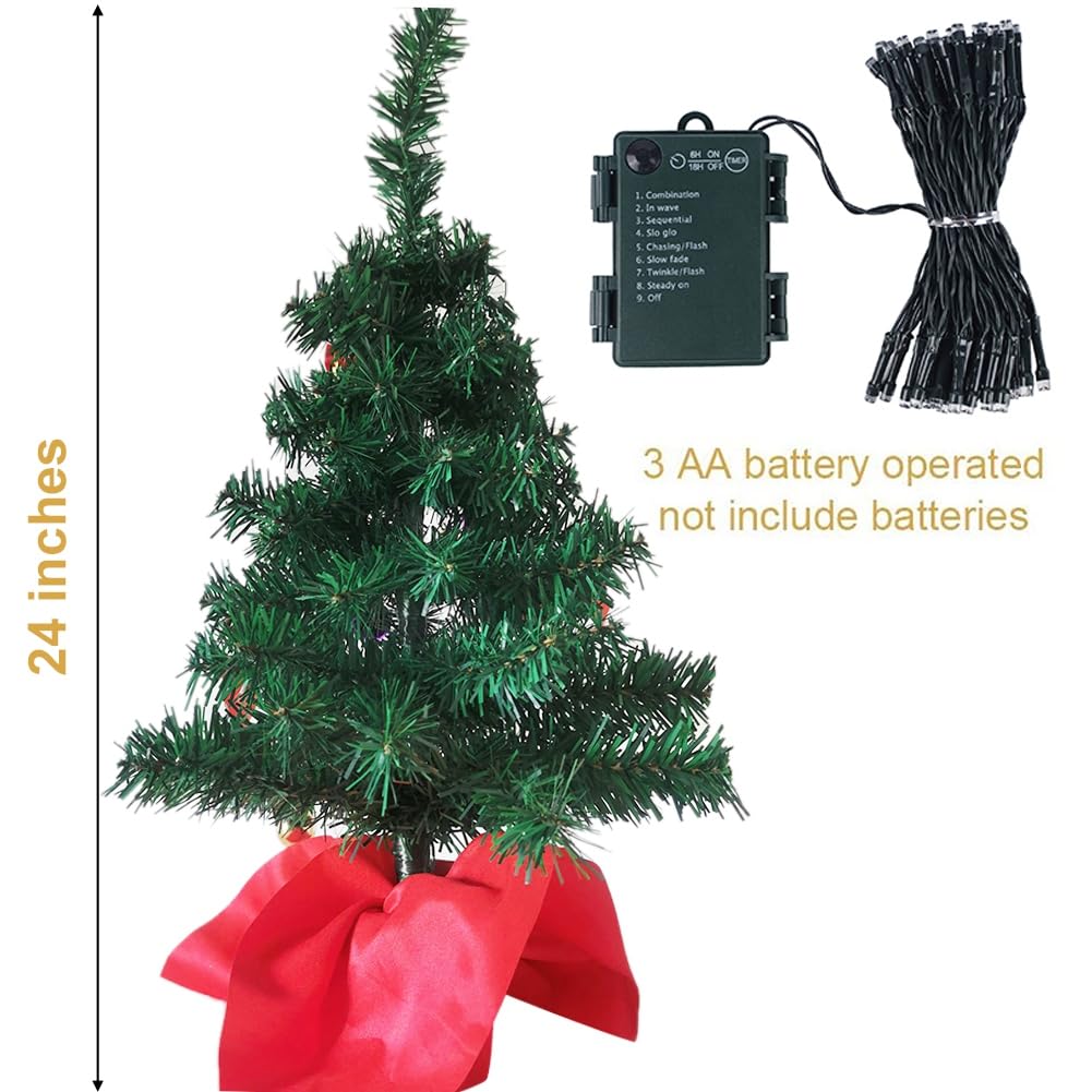 Juegoal 24 Inch Mini Christmas Tree Set, Table Top Artificial Christmas Trees with 50 LED Lights, Ornaments and Red Berries, Best DIY Christmas Decorations