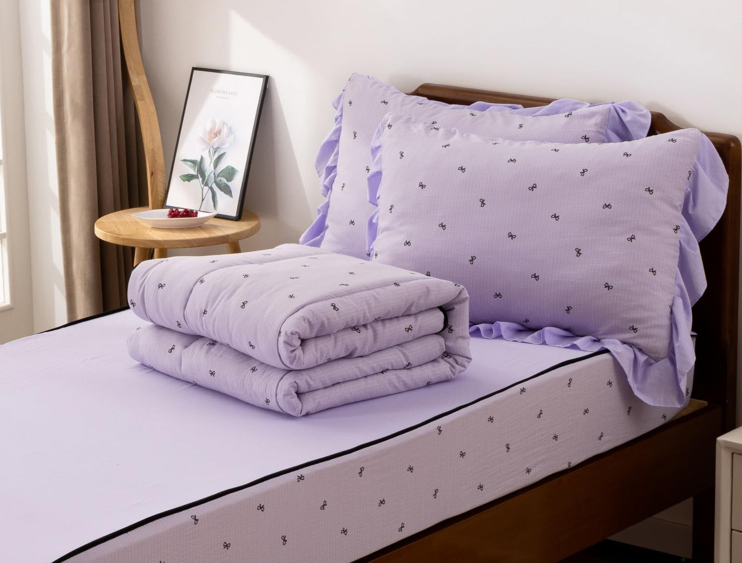 Meeting Story 3pcs Kids Comforter Set Zip up Bedding Set for Girls,Twin Kid Bedding Set Bow Comforter Set for Kid,All in one Zipper Bedding(Lightpurple,Twin)