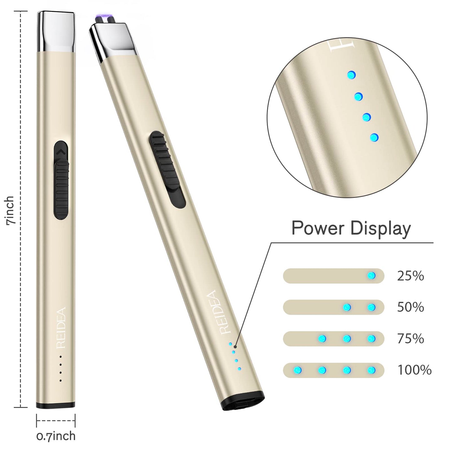 REIDEA Lighters 2 Pack R1 Flat Electronic Candle Lighter, Windproof Flameless USB Rechargeable Arc Lighter with Safe Button and Power Indicator for Candle, BBQ and Fireworks, Champagne Gold and White