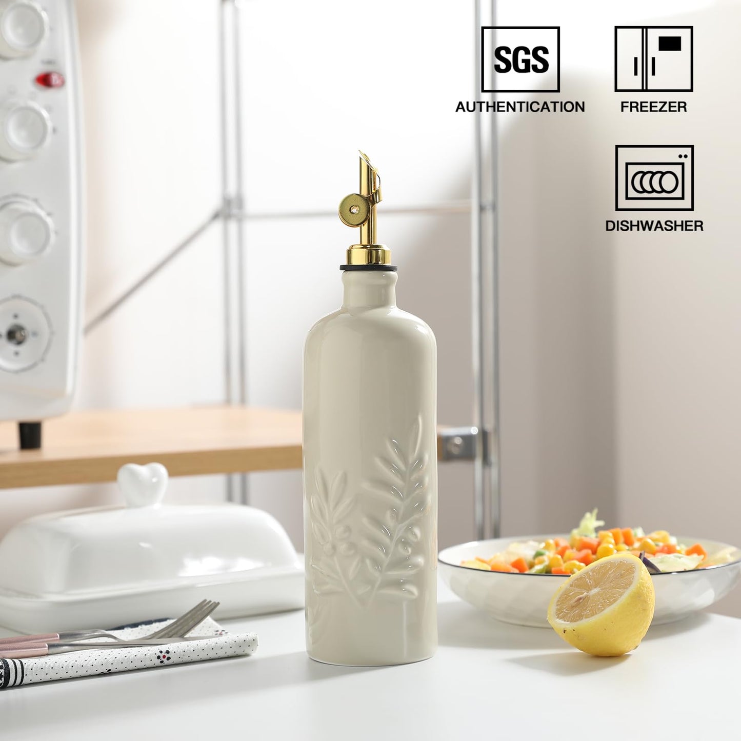 Sweejar 18 Oz Oil Dispenser for Kitchen with Gravity Spout, Ceramic Olive Oil Dispenser Bottle, Relief Opaque Vinegar Container for Evoo, Vinegar, Soy Sauce, Pack of 1(Beige, Gold Spout)