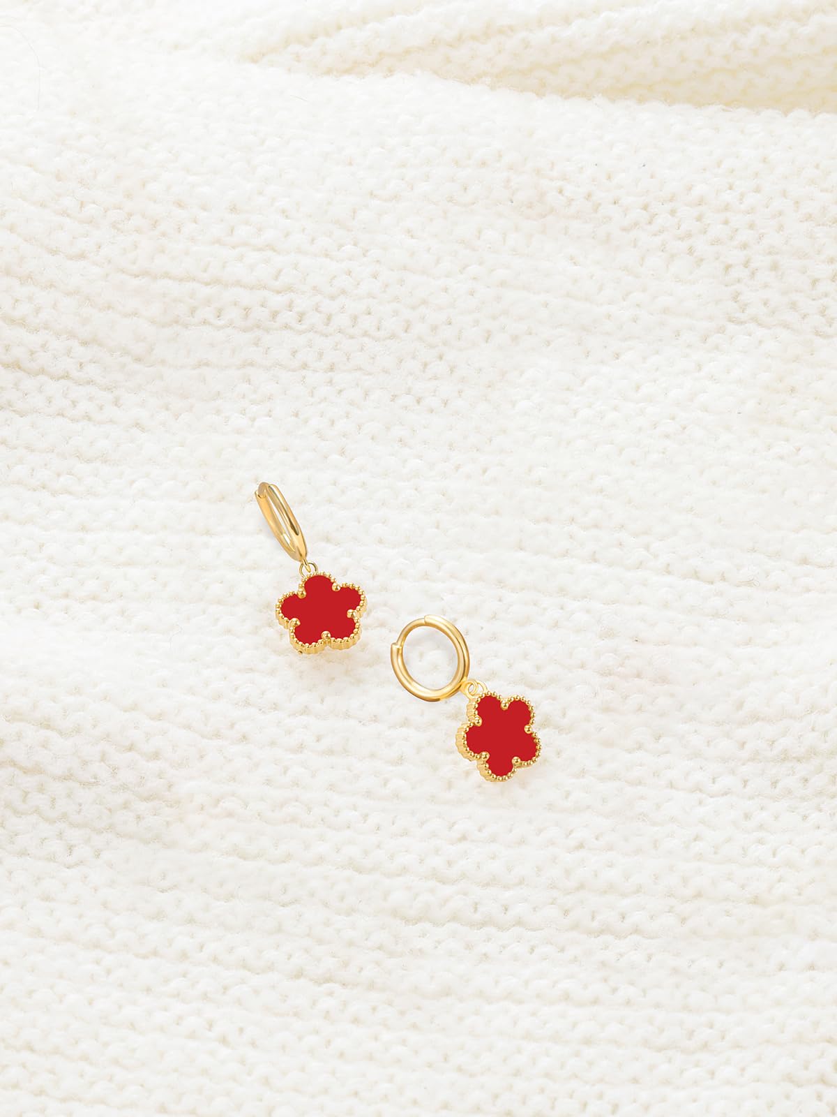 Gold Plated Five Leaf Clover Dangle Earrings for Women Lucky Flower Jewelry (Red-14K Gold Plated)