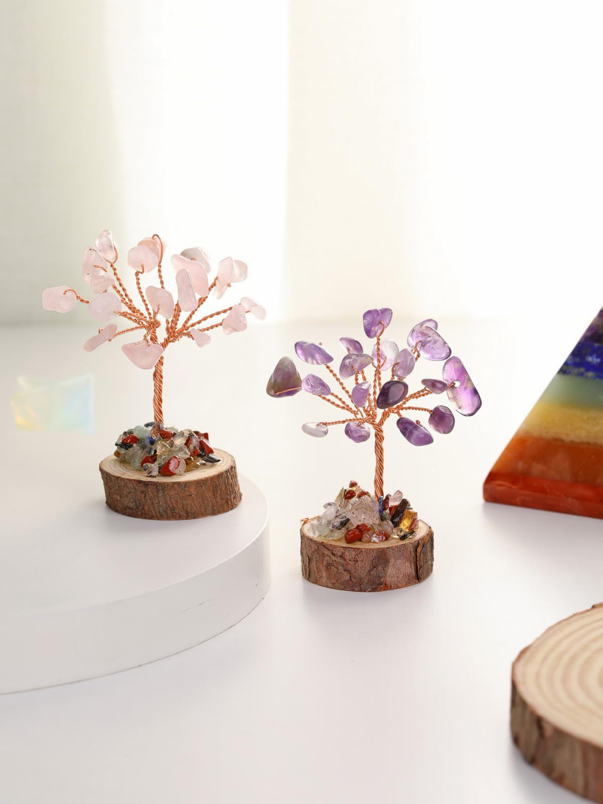 Jovivi 12pcs Chakra Crystal Tree Set, Tree of Life Gemstone Money Trees w/Wooden Base,Natural Healing Crystals Stones for Positive Energy Good Luck Home Office Decor for Women Mom Birthday Gifts