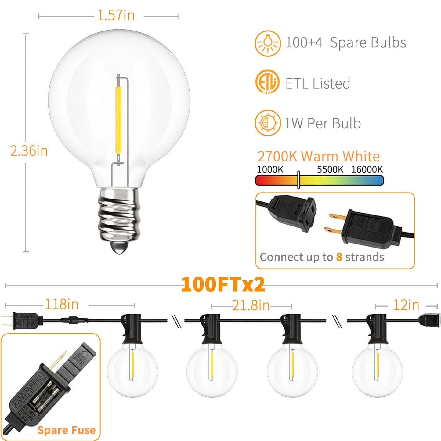 Svater Outdoor String Lights 200 FT, Patio Lights with 104 Shatterproof LED Bulbs, Commercial Grade Waterproof Plastic Hanging Light for Bistro Backyard Cafe Market, Warm White 2700K (2 X 100 FT)