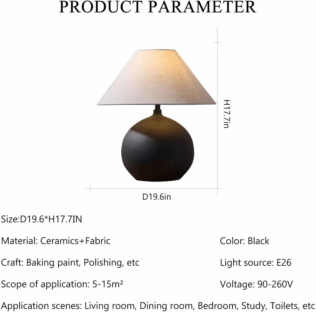 SANDYHA Rustic Round Black Ceramic Table Lamp 17.7'' Tall Farmhouse Black Crock Pot Desk Lamp Body with Tapered Fabric Shade Bedside Lamp for Living Room Bedroom House Office Entryway