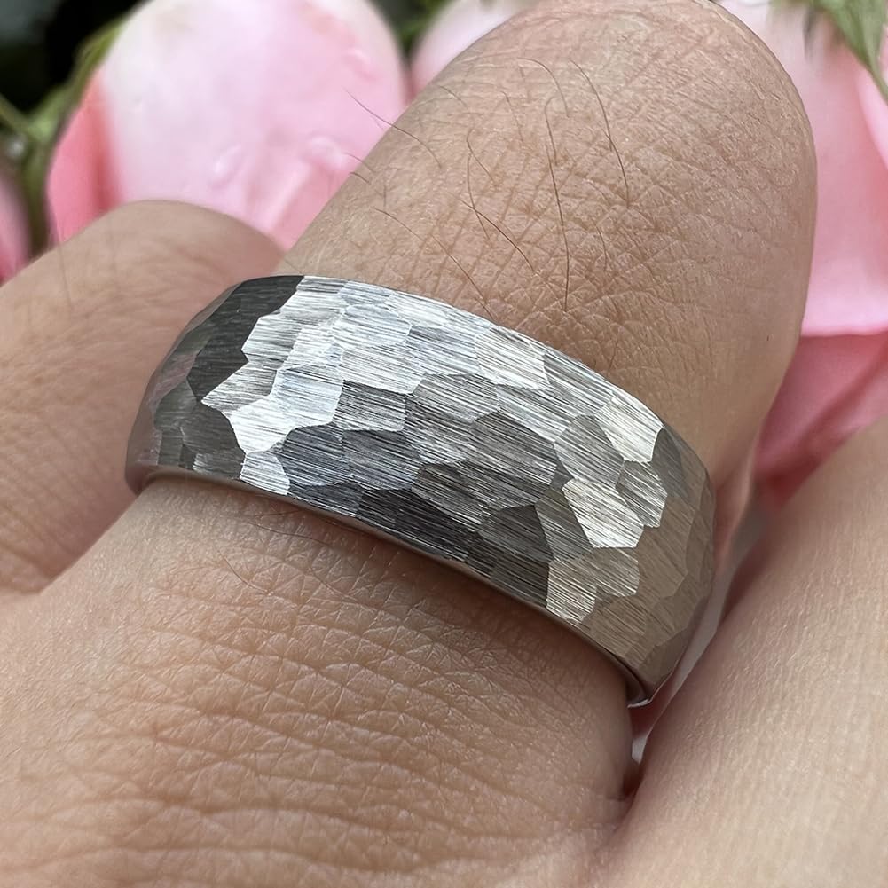TUTISS 8mm Hammered Tungsten Rings for Men Women Fashion Engagement Wedding Bands Domed Matte Finish Comfort Fit Size 10