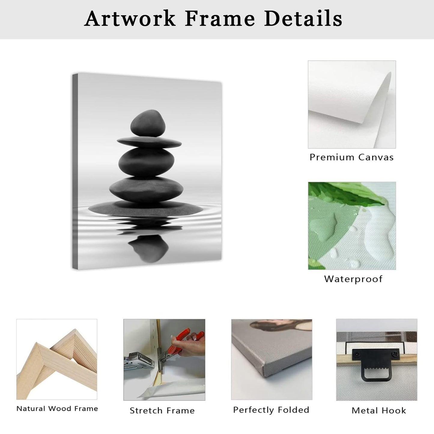 LZIMU Black and White Zen Wall Art Stones in Water Pictures Print on Canvas for Bathroom Yoga Meditation Spa Room Living Room Bedroom Wall Decorations Framed (Zen-1, 12"x18" (30x45cm))