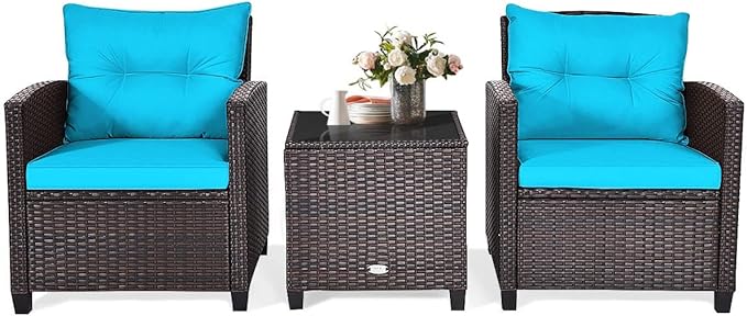 HAPPYGRILL 3 Pieces Patio Conversation Set, Outdoor Furniture Set PE Rattan