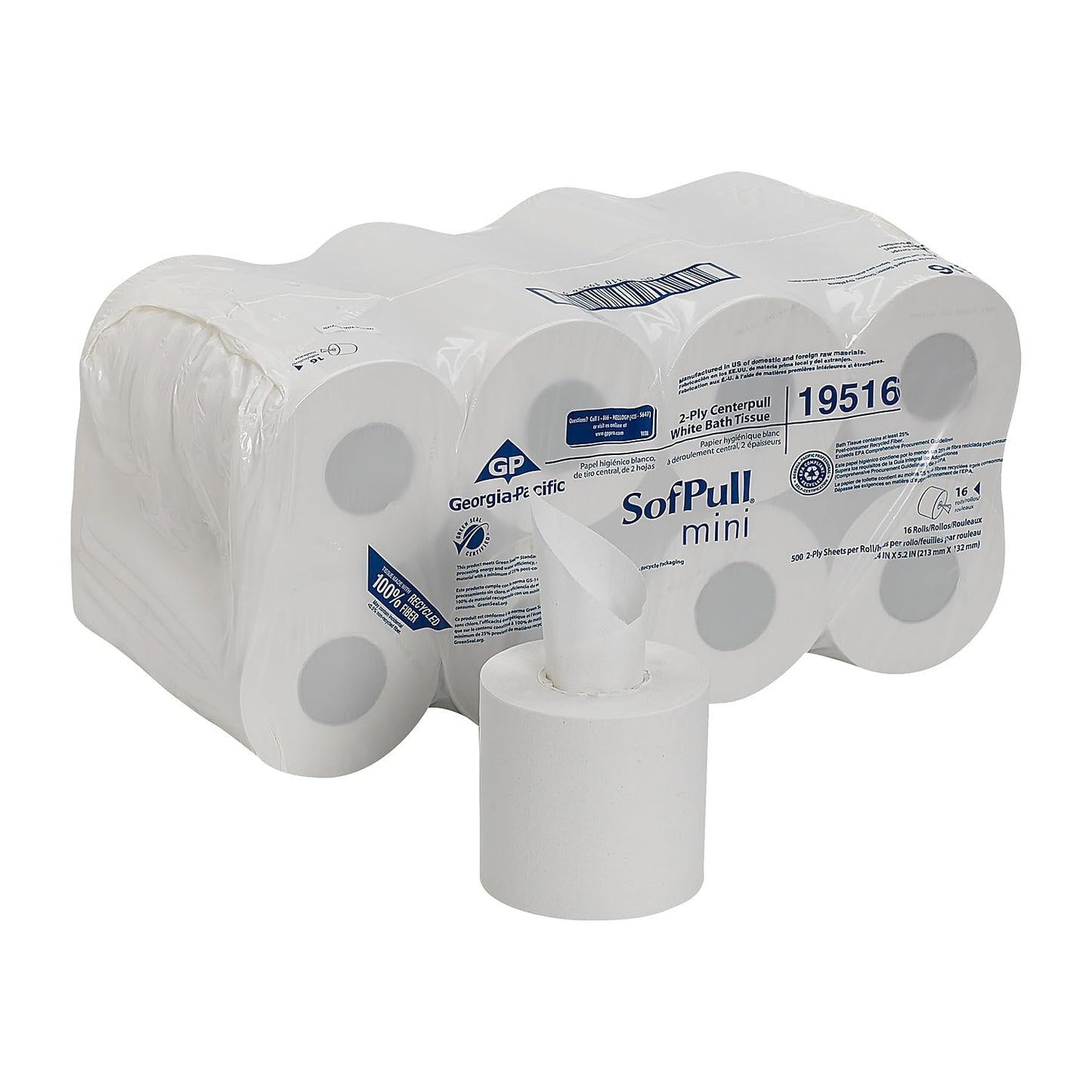 Georgia-Pacific SofPull Centerpull 2-Ply Mini Toilet Paper by GP PRO, 19516, 500 Sheets Per Roll, 16 Rolls Per Case, White
