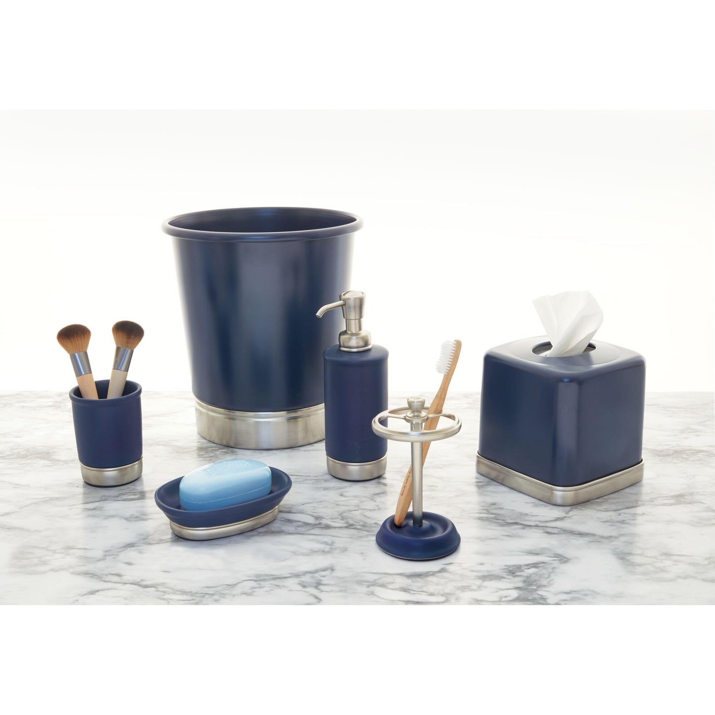 iDesign Ceramic and Steel Bar Holder, The York Collection Soap Dish, Matte Navy/Brushed Nickel