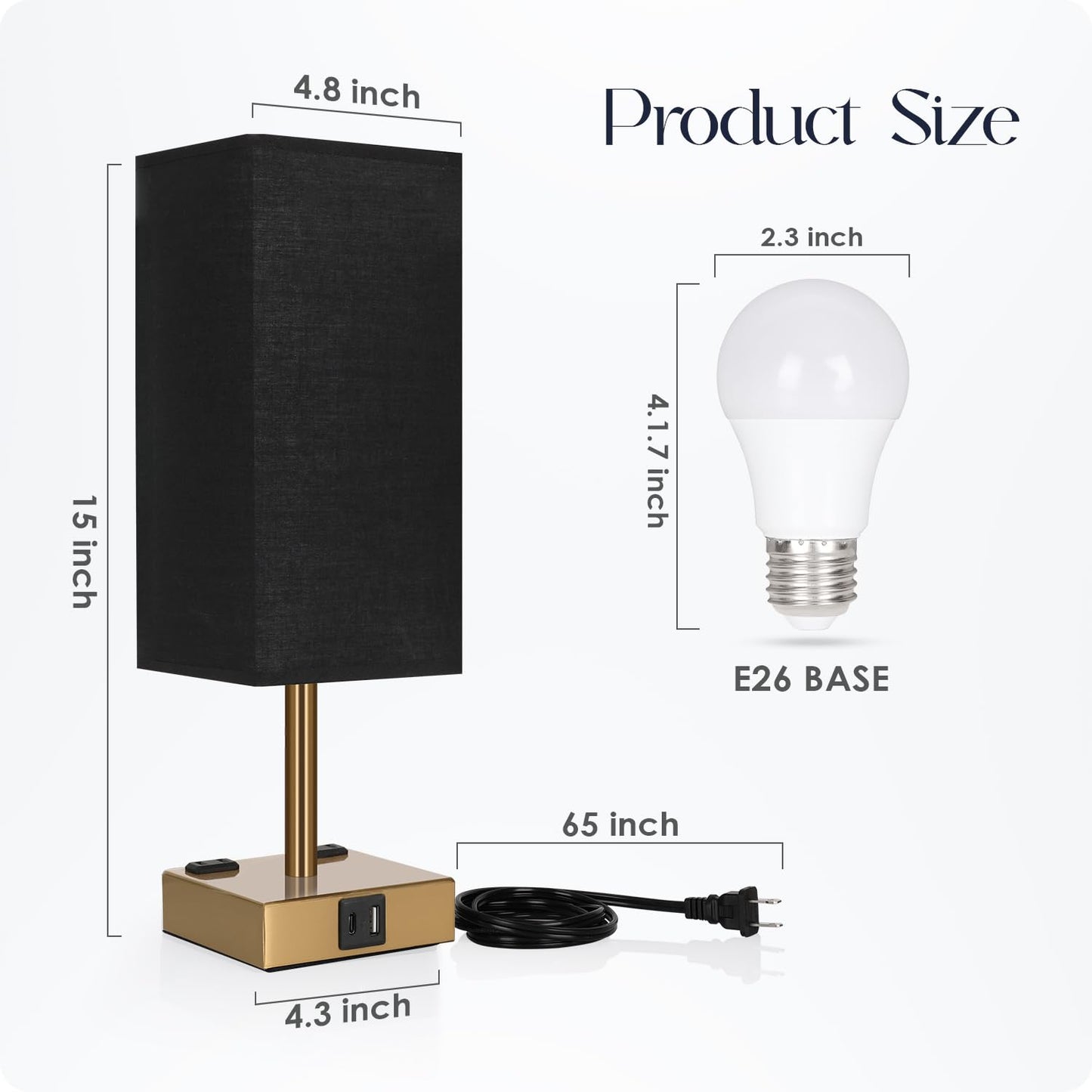 Soilsiu Bedside Lamp with USB Ports - Touch Control Table Lamp for Bedroom with USB C+A Charging Ports & AC Outlets, 3 Way Dimmable Nightstand Light for Living Room (LED Bulb Included, Brass - Black)
