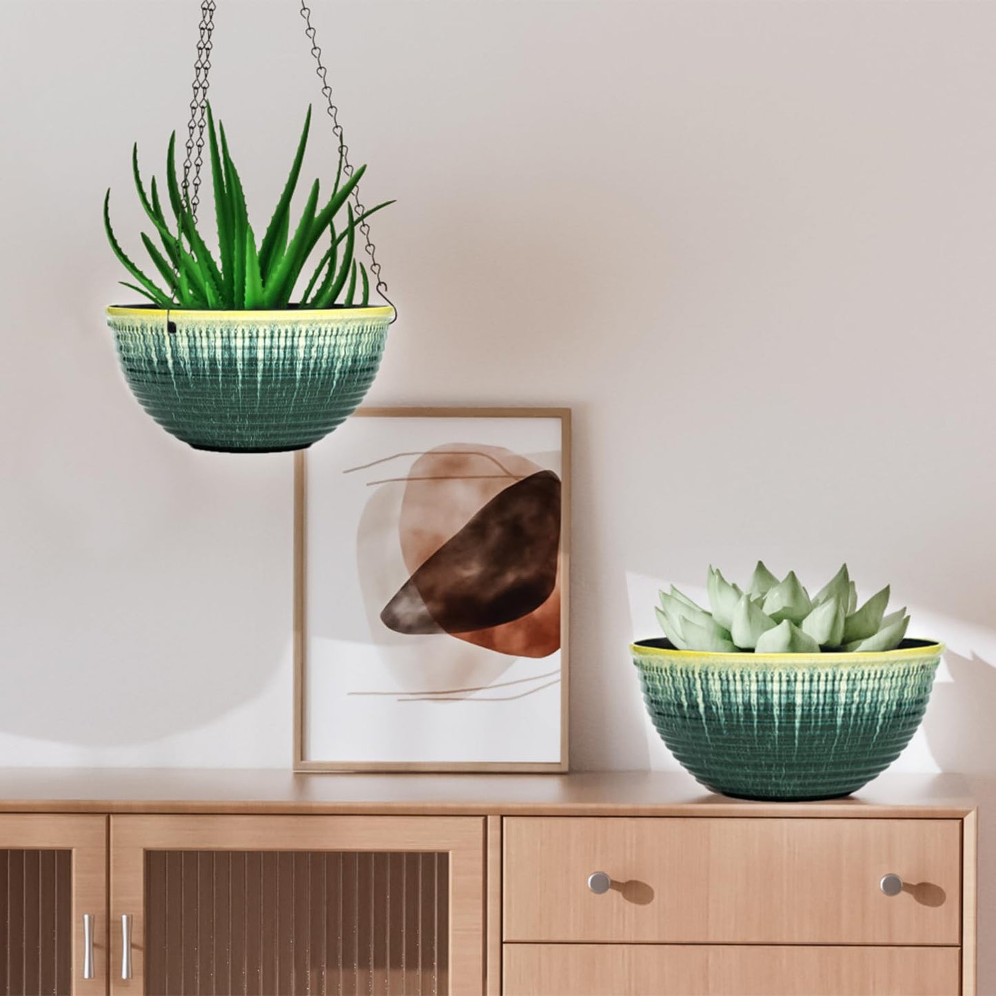 LESOASIS 10inch Hanging Planter, 2 Pack Hanging Planters for Indoor and Outdoor Plants, Glazed Hanging Plant Holder with Drainage, Indoor Hanging Flower Pots for Garden Home (Green Glaze)