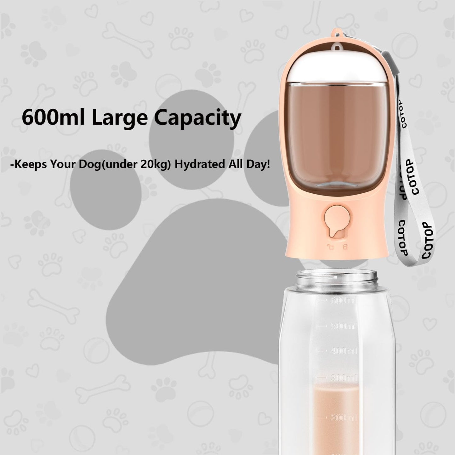 20oz Dog Water Bottle with Food Container & Poop Bag Dispenser | Leak-Proof Portable Pet Water Dispenser with Carabiner Clip | for Walking, Hiking, Travel (Peach, 20oz)
