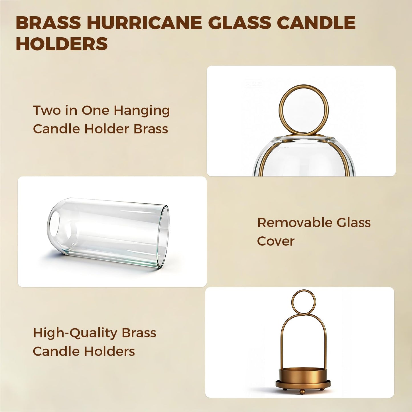 Havmorph 5"&4" Hurricane Glass Candle Holders, Hanging Brass Metal Candle Holder for Pillar Candles Table Coffee Table Decor Interior Decoration