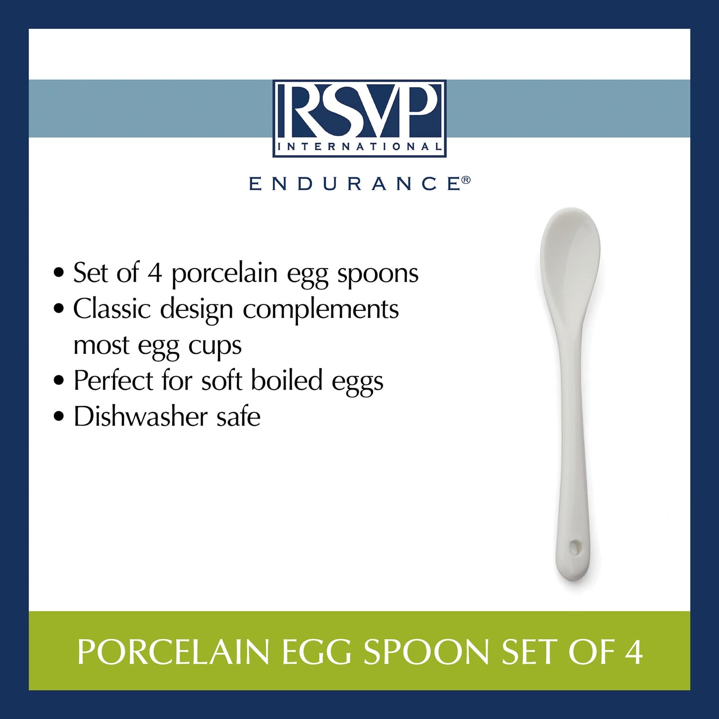 RSVP International Poached Egg Spoon, 4 Piece Set Multipurpose Use for Serving Jam, Honey or Soft Boiled Eggs, 5.5" Length, White Porcelain