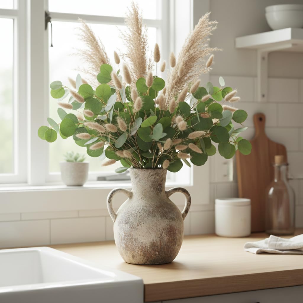 SIDUCAL Rustic Ceramic Farmhouse Flower Vase with 2 Handles, Whitewashed Terra Cotta Vase, Decorative Pottery Flower for Home Decor, Table, Living Room, Shelf Decor, 7.3 Inch, Terra