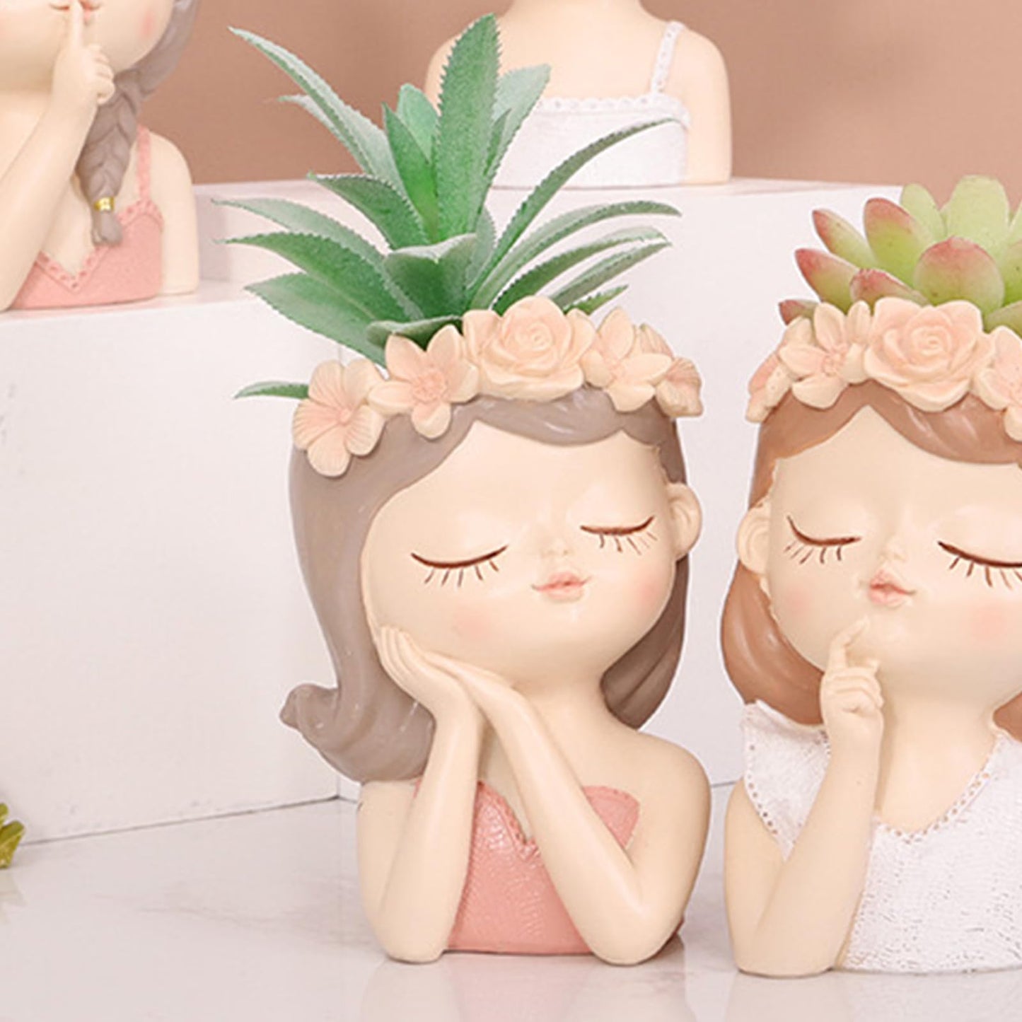 Cute Angel Face Succulent Planter Pot with Drainage Hole, Large Girl Face Resin Flower Pot for Indoor&Outdoor, 4.33 inch Tall Lady Head Planter, Unique Garden Home Decor Gift for Plant Lovers - Pink