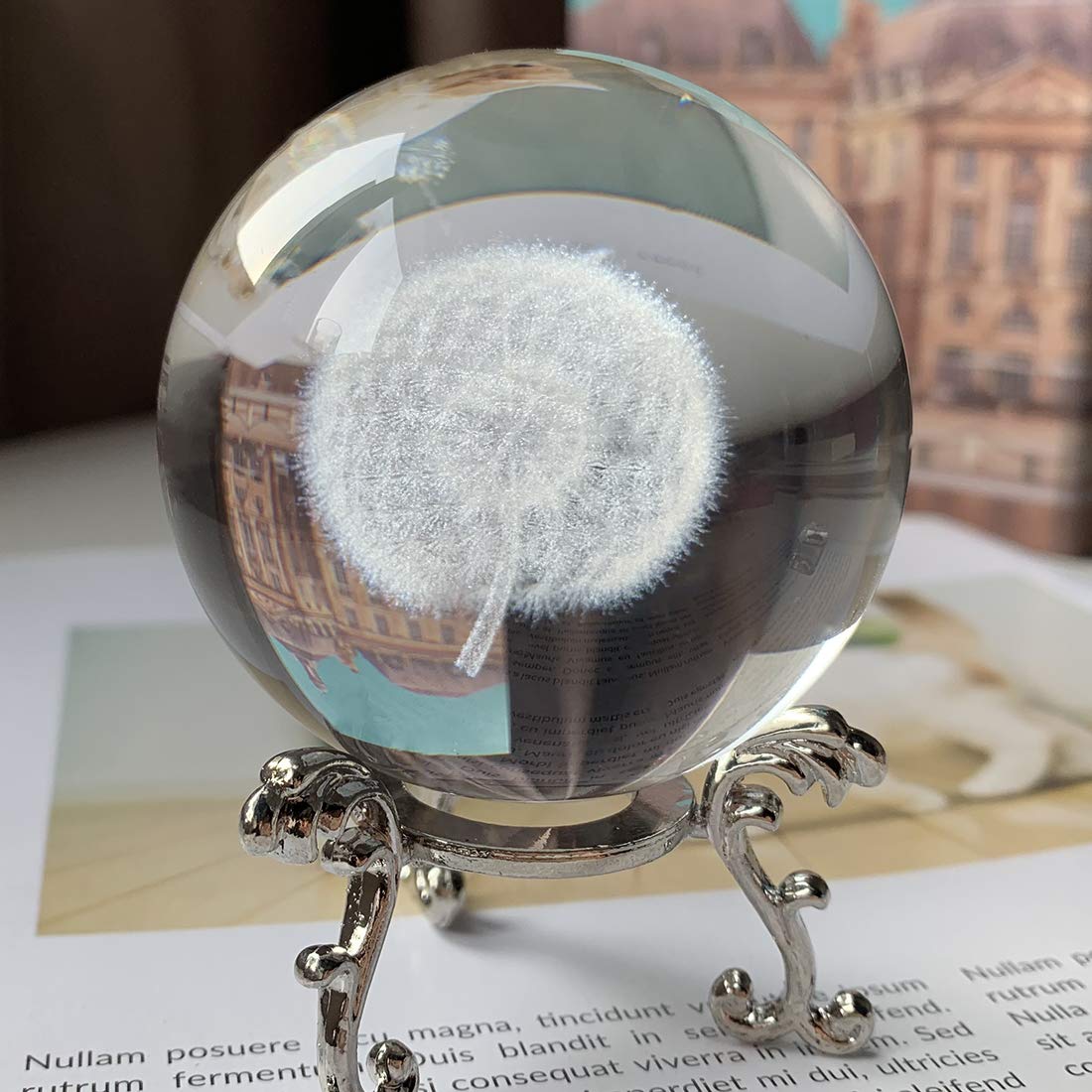 HDCRYSTALGIFTS 60mm Dandelion Crystal Ball Paperweight with Stand Gift for Women Mom 3D Laser Engraved Glass Plant Decorative Ball Full Sphere Home Office Desktop Decor