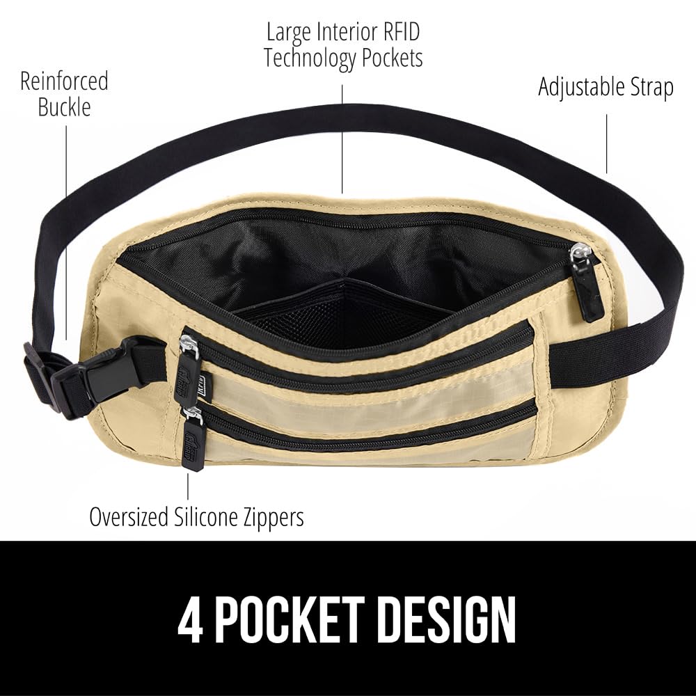 GORILLA GRIP 4 Pocket Secure RFID Blocking Money Belt, Anti Theft Hidden Fanny Pack for Passport and Credit Cards, Water Repellent Travel Pouch for Men Women with Adjustable Waist and Zippers, Sand