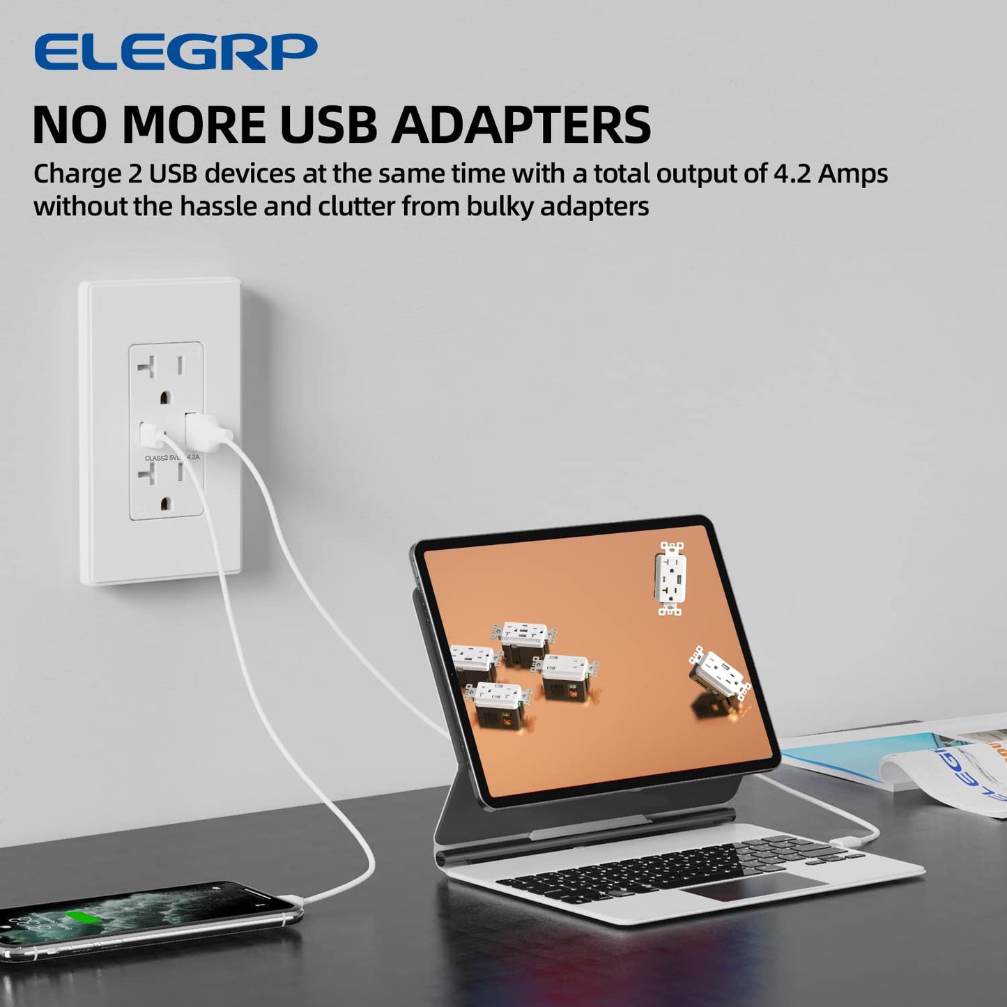 ELEGRP USB Charger Wall Outlet - 20 Amp Duplex Tamper Resistant Receptacle with USB A & C Ports, NEMA 5-20R, Wall Plate Included, UL Listed, 30 Pack, Matte White
