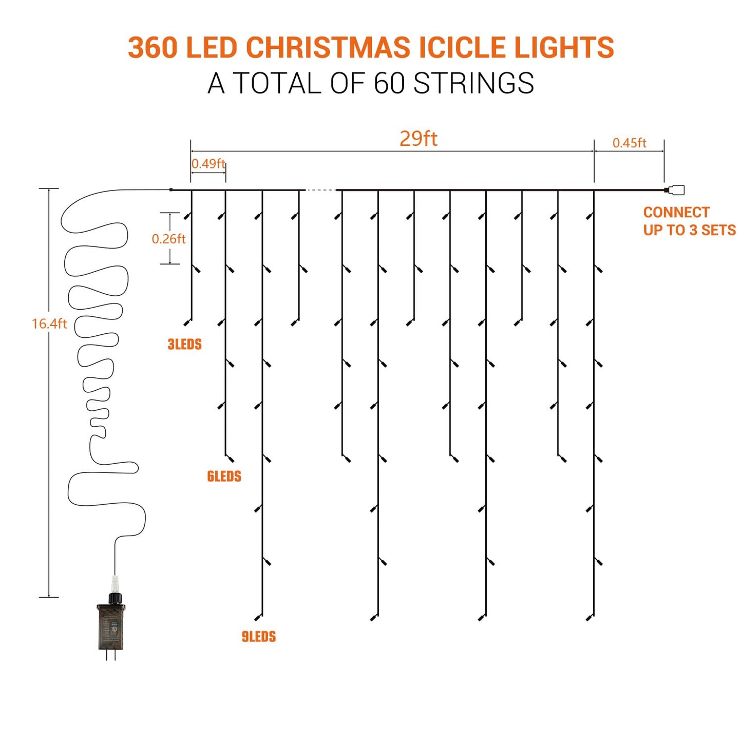 Brizled Icicle Lights Warm White, 29ft 360 LED Christmas Icicle Lights, 8 Modes Christmas Light with 60 Drops, Connectable Xmas Drop Lighting with Remote for Indoor Outdoor Christmas Wedding Holiday