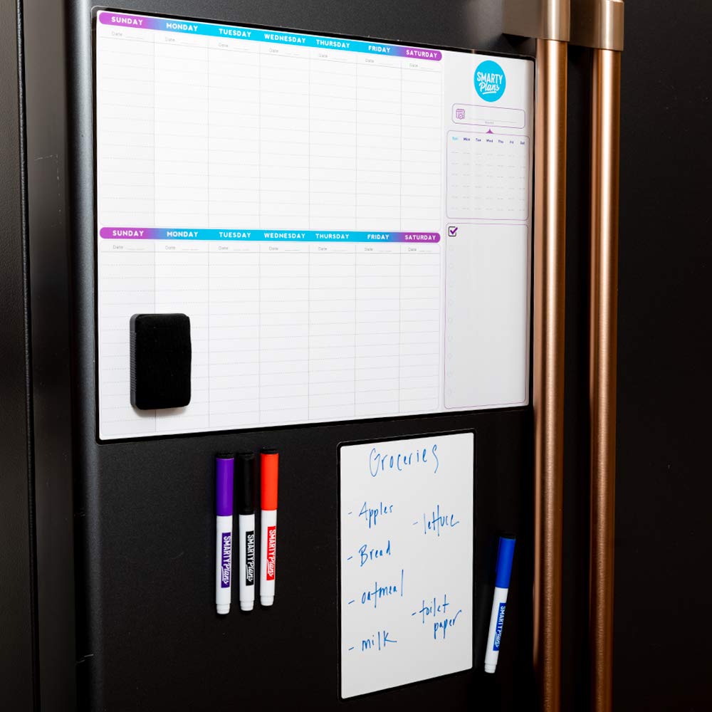 SmartyPlans Dry Erase Weekly Extra Thick Magnetic Calendar for Refrigerator: 17x13 Two Week Planner and 6x9 White Board, 4 Fine Tip Markers and Eraser with Magnets. Stain Resistant. Shipped Flat.