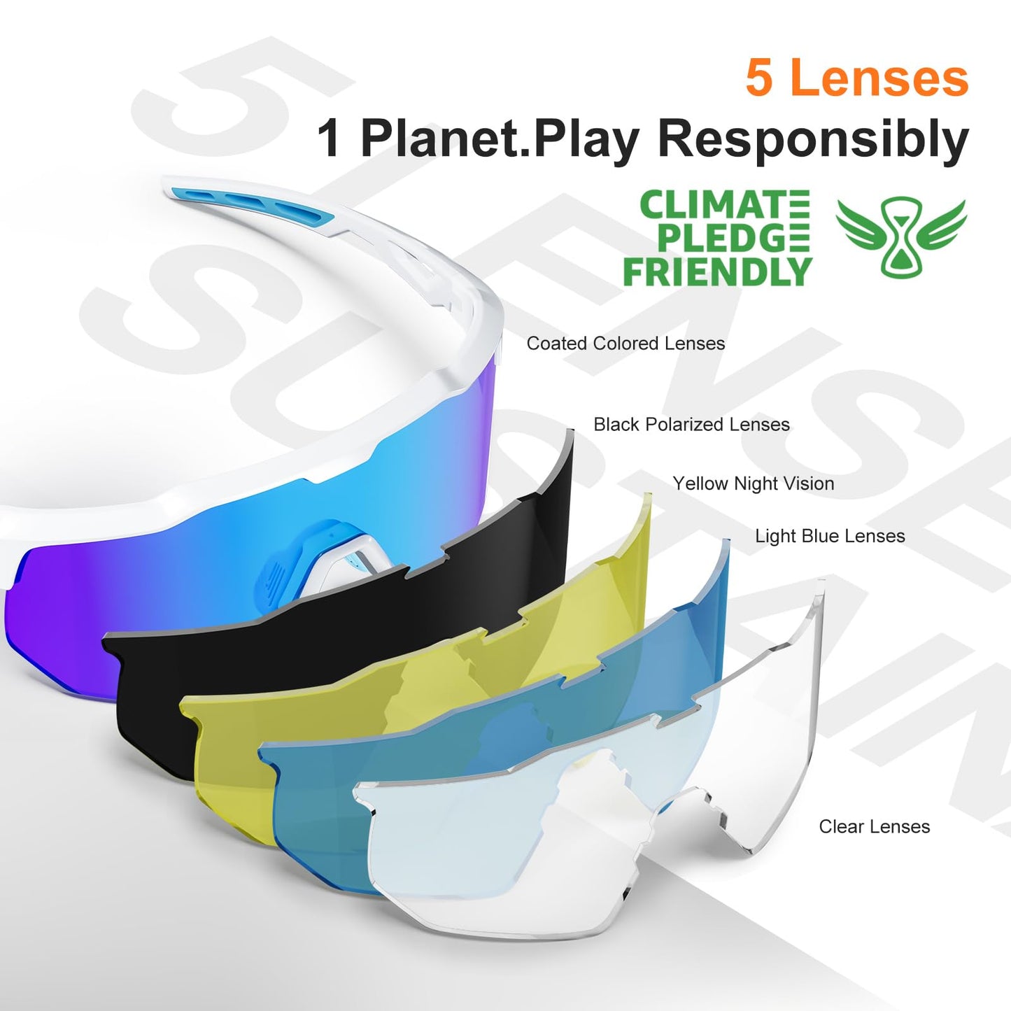 HAAYOT Polarized Cycling Glasses,Sports Sunglasses for Men Women,Baseball Biking Running Sunglasses 5 Lenses White Blue