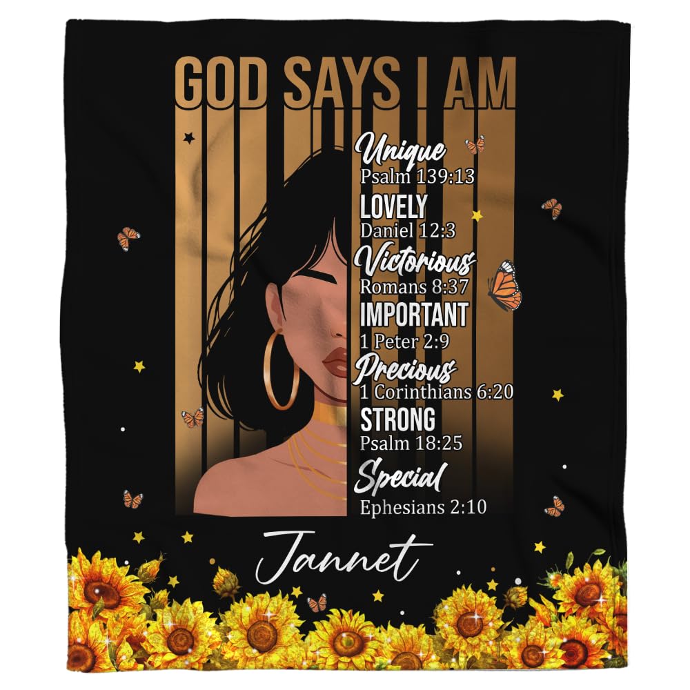 CAPOZEN Personalized God Says I AM Blanket โ Custom Name African Inspirational Christian Throw Blankets Gifts for Queen Girl Black Women (Style #3)