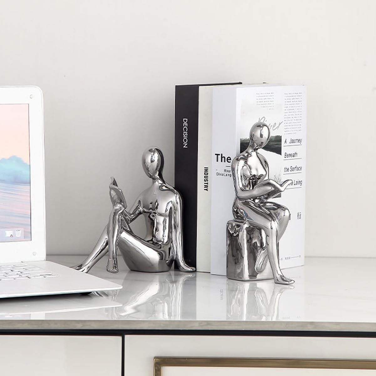 Decorative Bookends, Ceramic Book Ends for Shelves, Home Office Decor Aesthetic Book Stopper Reading Book Holders Statues for Bookshelf Bedroom Living Room Decoration (Silver)