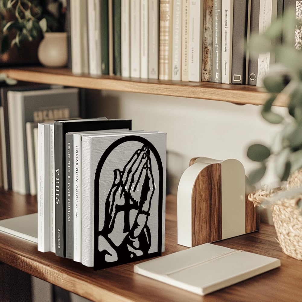 Peacoblue Metal Bookends for Shelves, Modern Decorative Heavy Duty Study Book Support Stoppers for Office, Desk, Shelf, Room 5.3"x4.3"x7.8" Cast Iron Tall Bookends, 1 Pair (Praying Hands and Cross)