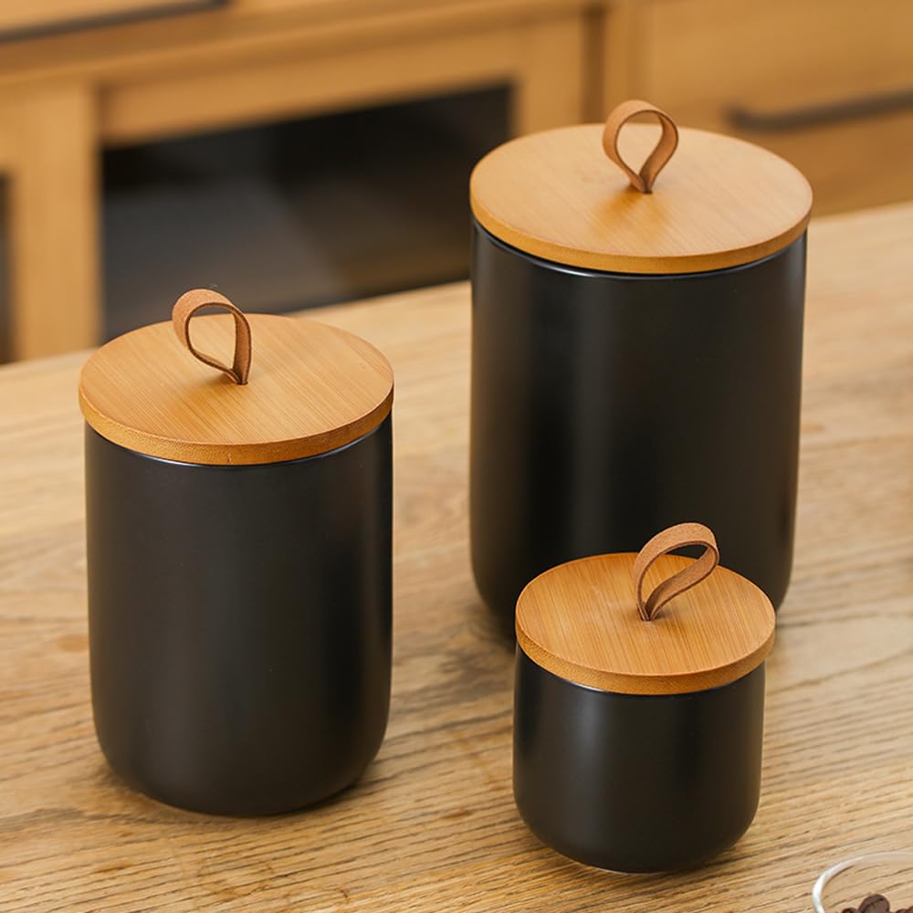 GENDLTHIJ Canister Sets for Kitchen,Ceramic Kitchen Canisters for Countertop with Airtight Wood Lids for Serving Ground Coffee, Tea, Spice, Grains, Sugar, Salt (Black Pack of 3 (8.7/27/44 Oz))