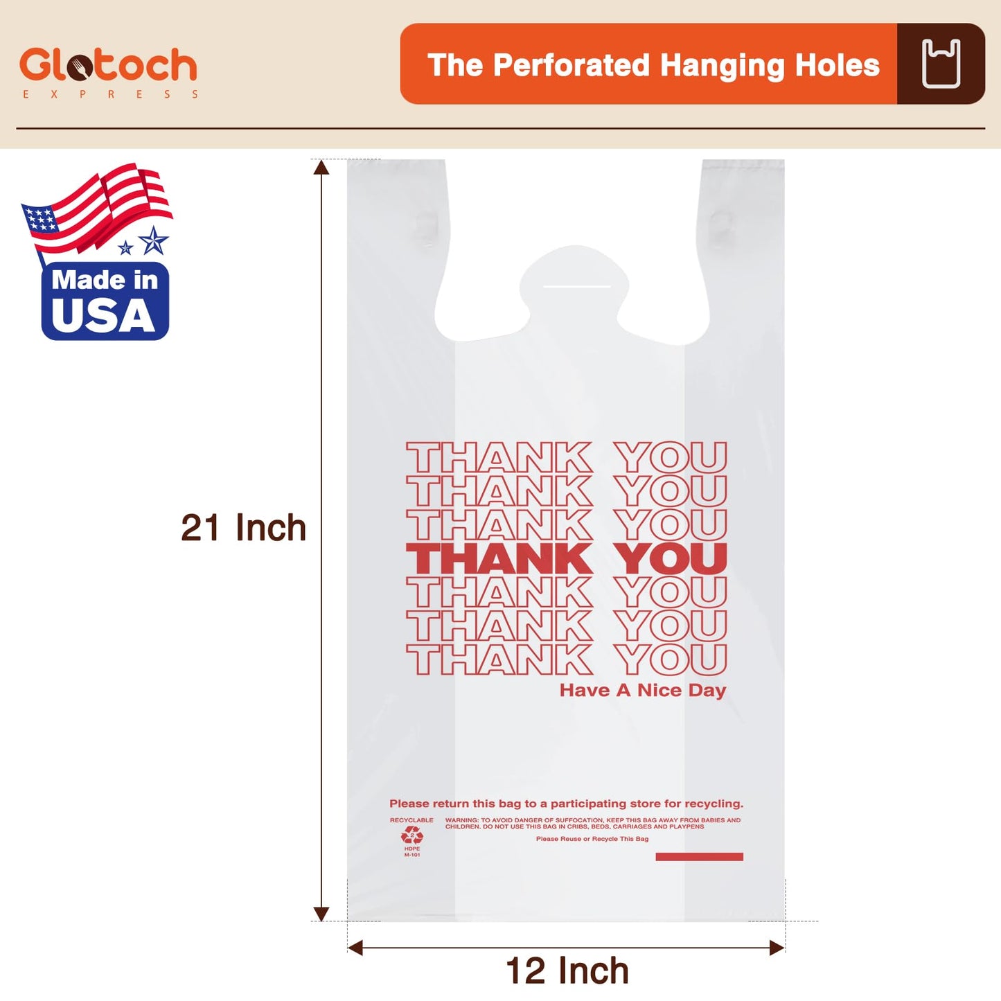 Glotoch Plastic Thank You Bags 1000 Count, 12" x 6.5" x 21" White Grocery Bags with Handles for Restaurant, Retail, Grocery Store, Takeout, Convenience Stores, T-shirt Shopping Bag in Bulk