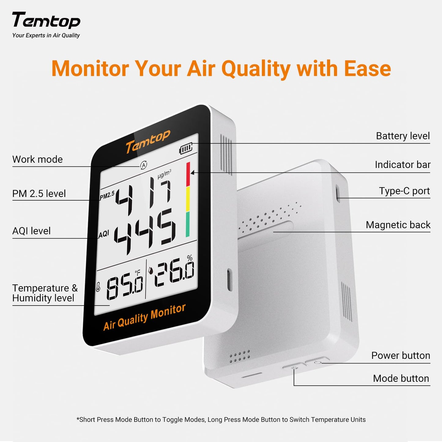Temtop Air Quality Monitor PM2.5 Indoor Digital Hygrometer Thermometer Humidity Monitor for Home Office Bedroom Livingroom S1