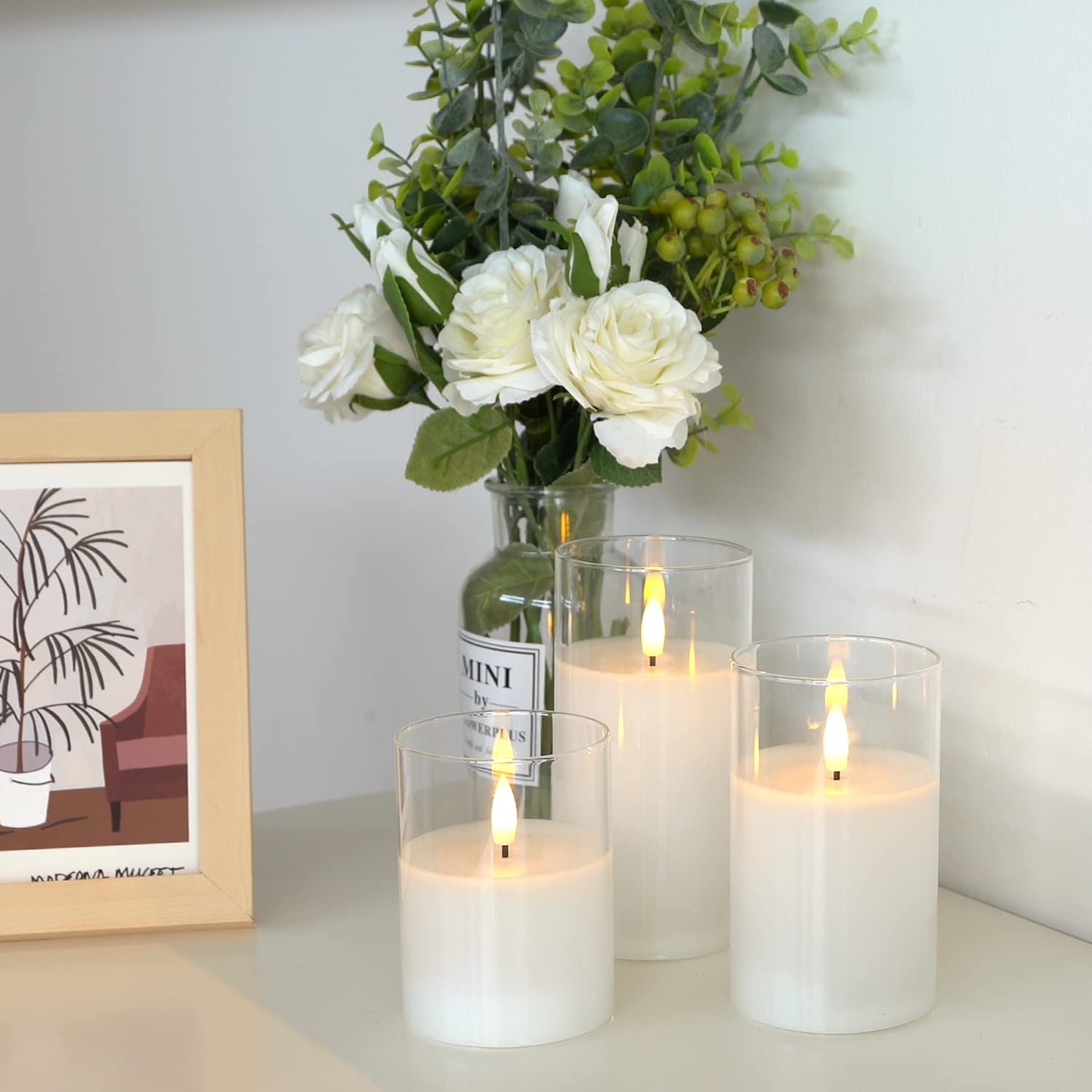 Amagic Clear Glass Flameless Candles Battery Operated with Timer, Remote Control, LED Pillar Candles, Battery Powered, Valentine's Day Decor, Pure White Wax, Set of 3