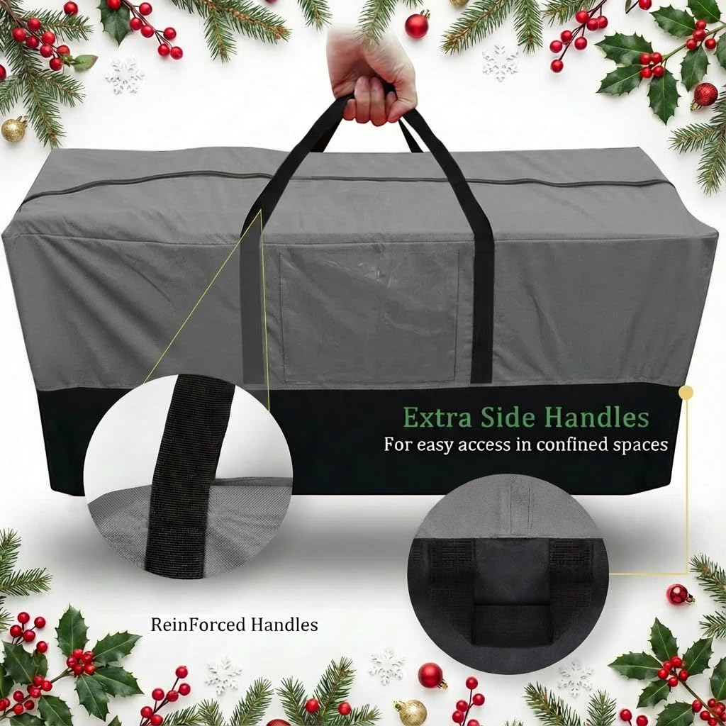 Christmas Tree Storage Bag, Fits Up to 10-12 Ft Tall Artificial Trees, Heavy Duty 600D Oxford Skeleton Storage Box with Reinforced Handles, Zipper, Transparent Pocket, Gray