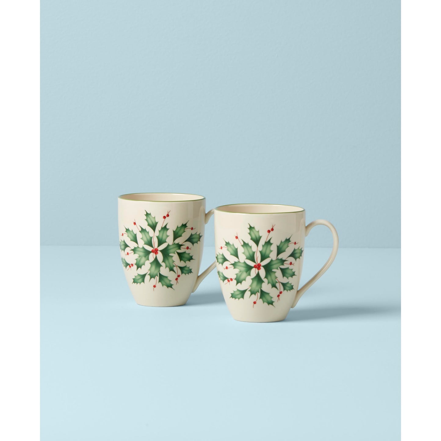 Lenox Coffee Mugs, Hosting The Holidays 2-Piece Holly 14 Oz Mug Set, Ivory Porcelain, Dishwasher and Microwave Safe, Christmas Holly Drinkware Set, Christmas Decorations (White/Green, 14 Oz, 2 Pieces)