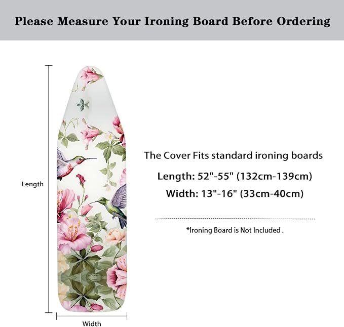 Hummingbird Floral Ironing Board Cover Standard Size 15x54, Thick Padding