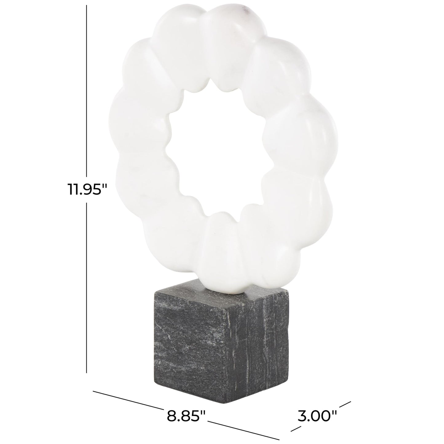 Deco 79 Marble Geometric Decorative Sculpture Floral Inspired Ring Home Decor Statue with Black Block Base, Accent Figurine 9" x 3" x 12", White