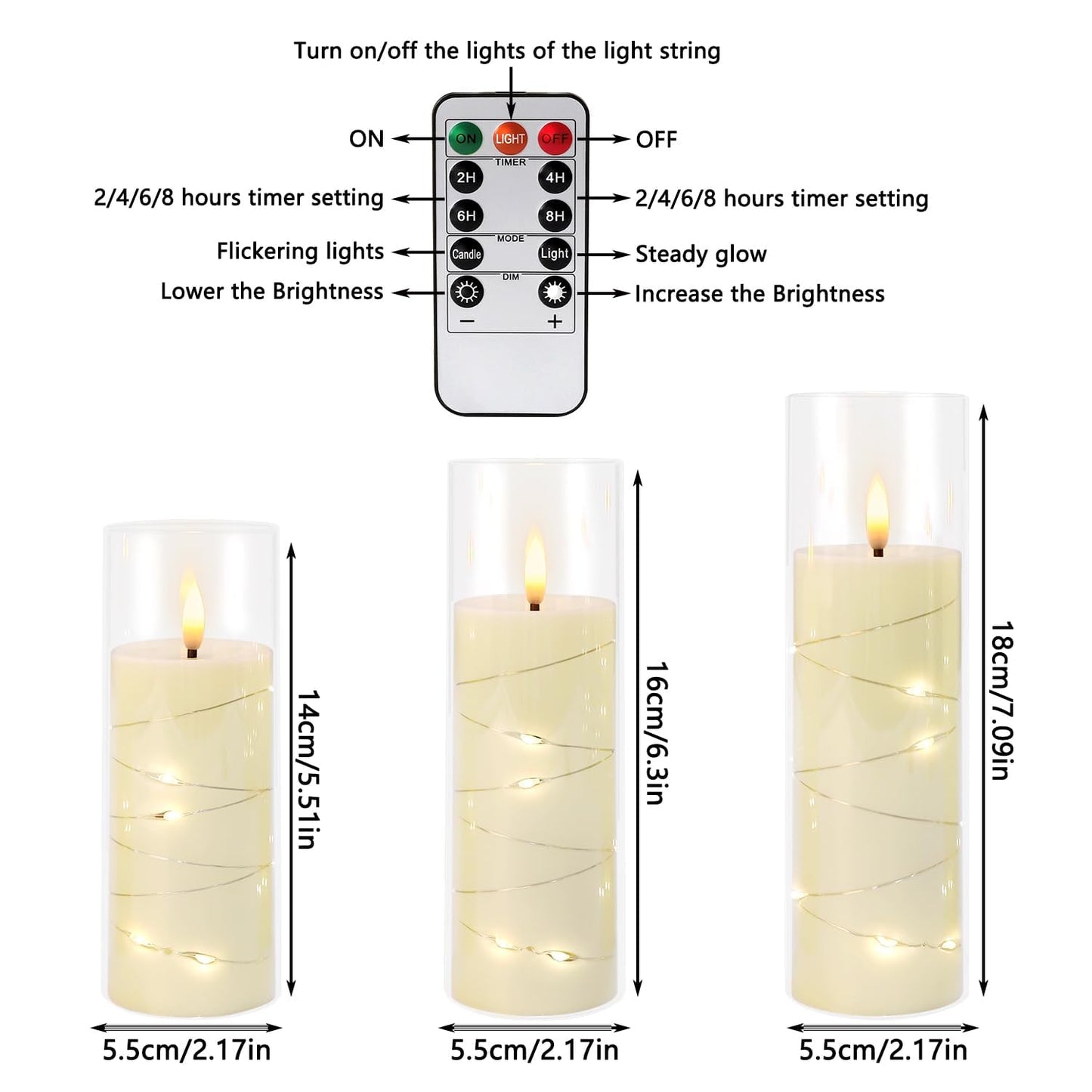 CAKETYCG 24 Pcs LED Flameless Candles with Remote, 3D Flickering Flame & LED String Lights, Acrylic Clear Cylinder, Timer Function, Romantic Ambience for Home Decor, Party, Wedding (Ivory).