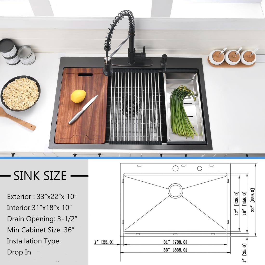 33 Inch Black Drop In Kitchen Sink Workstation - VOKIM 33x22-Inch Drop In Sink Stainless Steel Top Mount 16 Gauge Single Bowl 10'' Deep Handmade Kitchen sink with Cutting Board& Strainer