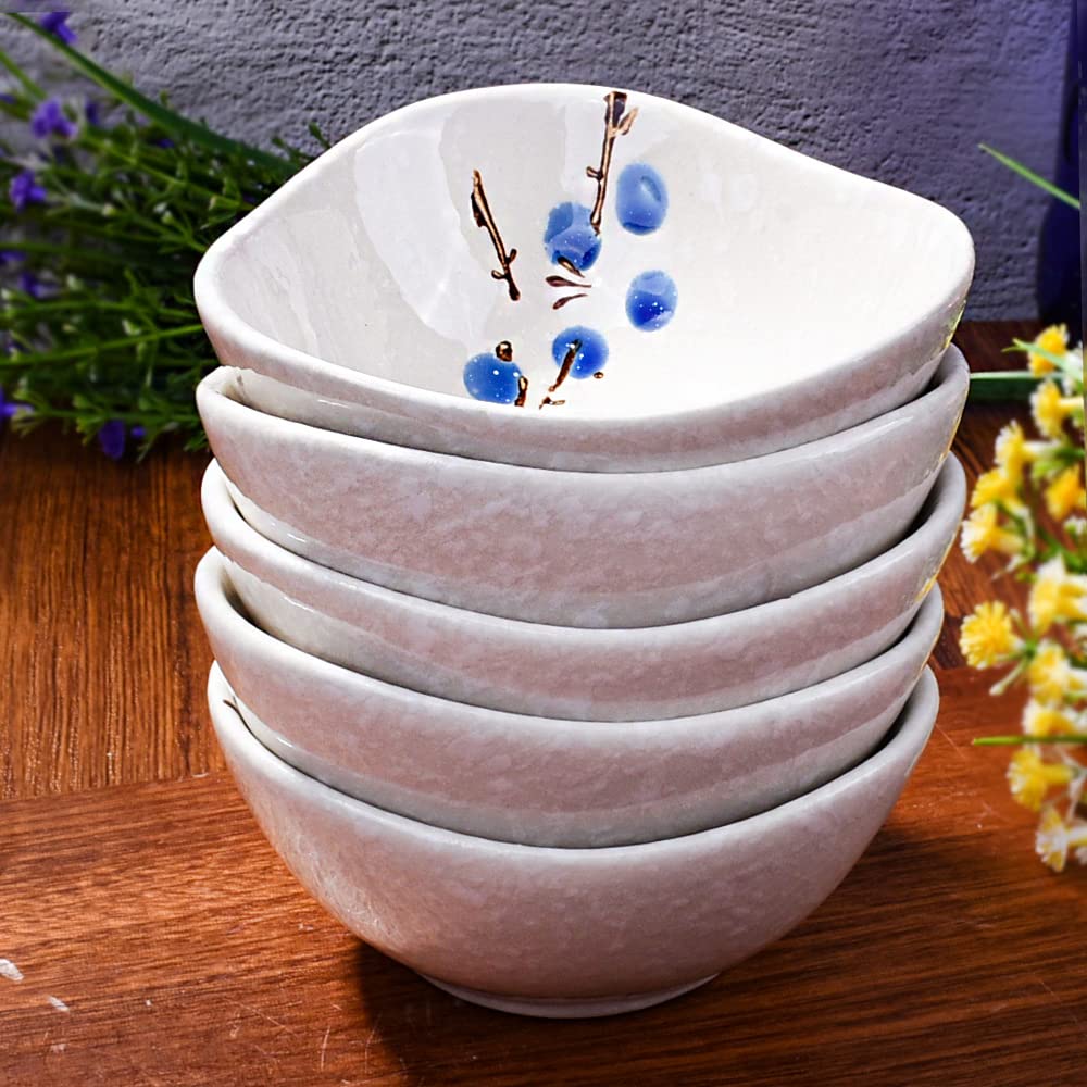 Whitenesser Ceramic Dipping Bowls Set of 5, 3.7 oz Japanese Style Mini Sauce Dishes, Hand-Painted Floral Patterned Prep Bowls for Soy Sauce, Sushi, Condiments, and Spices, Stackable Round Ramekins