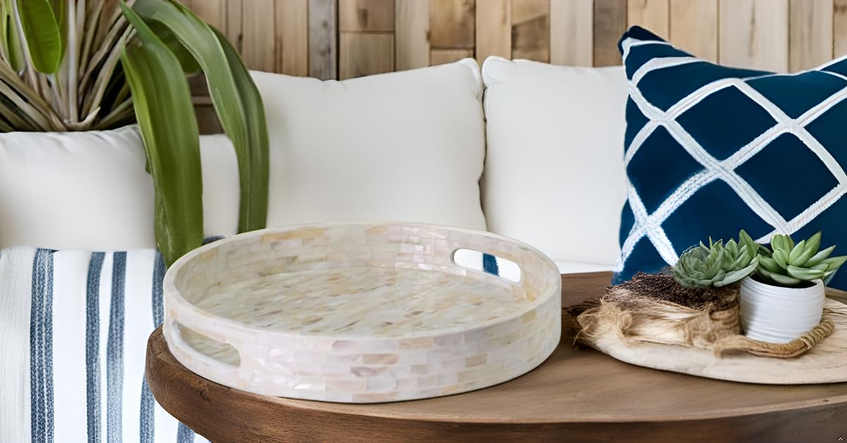 PEMAR 12.6” Mother of Pearl Round Serving Tray with Handles, Decorative Nacred Wooden Ottoman Coffee Table Tray (White Tiles)