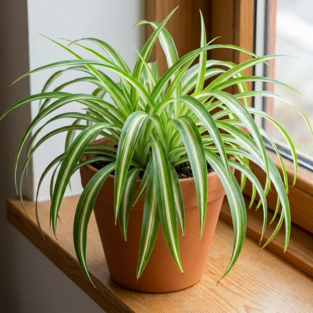 Variegated Spider Plant Live, 4-6" Tall in 4" Pot, Chlorophytum Comosum Indoor Houseplant, Variegated Green and White Leaves, Fully Rooted, Suitable Home and Office Decor