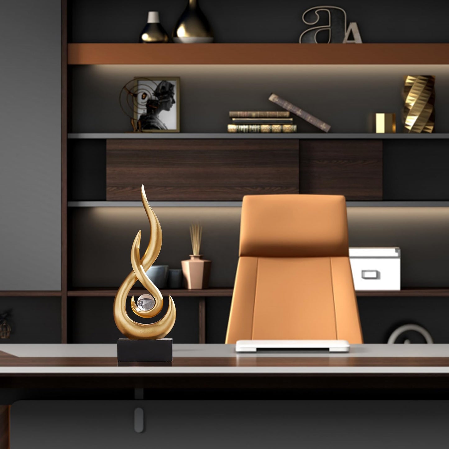 AWNR Abstract Gold Sculpture Decor: Flame Statue with Glass Ball Resin Art Figurines Unique Centerpiece Table Decorations Modern Home Decor Living Room TV Stand Coffee Table Office Decor