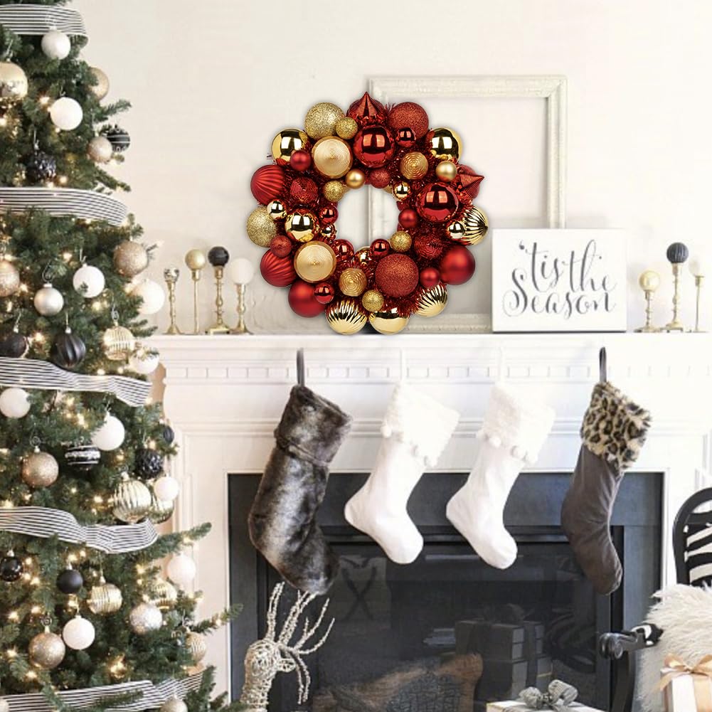 Christmas Ball Wreath 13" Xmas Wreaths Ornaments Glitter Thicken Shatterproof Garland Decoration for Door Wall Mantel Holiday Party Decor, Gold & Red