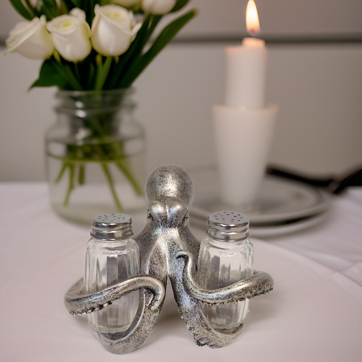 The Bridge Collection Octopus Salt and Pepper Shaker Holder Set - 3 Piece Set - Octopus Kitchen Items - Fun Salt and Pepper Shakers for Beach, Nautical, or Coastal Decor