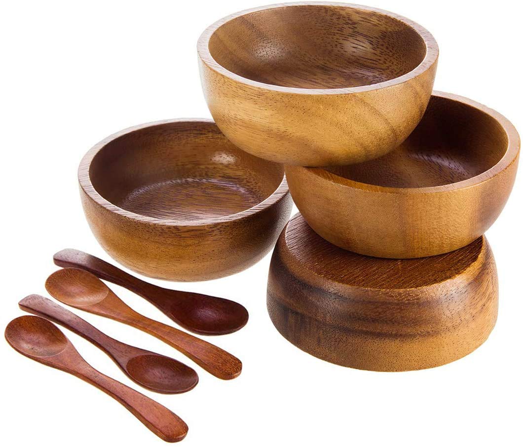 BestySuperStore Set of 4 Small Round Acacia Wooden Bowls 2¾ Inch Diameter 1½" High With Spoons - Stackable Mixing Bowl Salad Soup Snack Dip Sauce Charcuterie Wood Tableware Sets for Decor and Serving