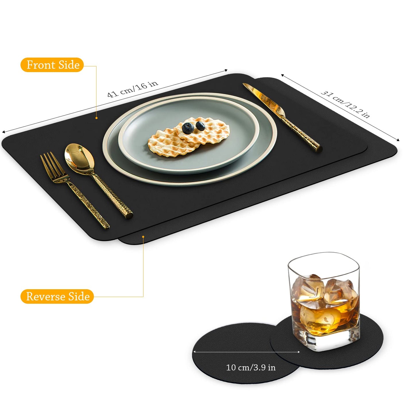 Bacgnyer Placemats Set of 4, Placemat with Coasters Heat Stain Scratch Resistant Non-Slip Waterproof Oil-Proof Washable Wipeable Outdoor Indoor for Dining Patio Table Kitchen Decor and Kids (Black 4)